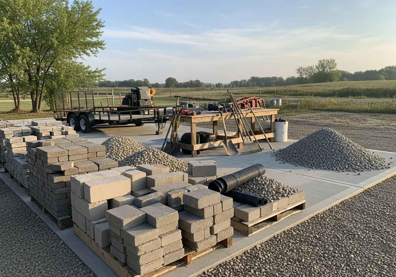 Landscaping crew with tools and equipment ready for residential hardscape installation. Professional outdoor workspace with pavers, stone materials, and construction supplies.