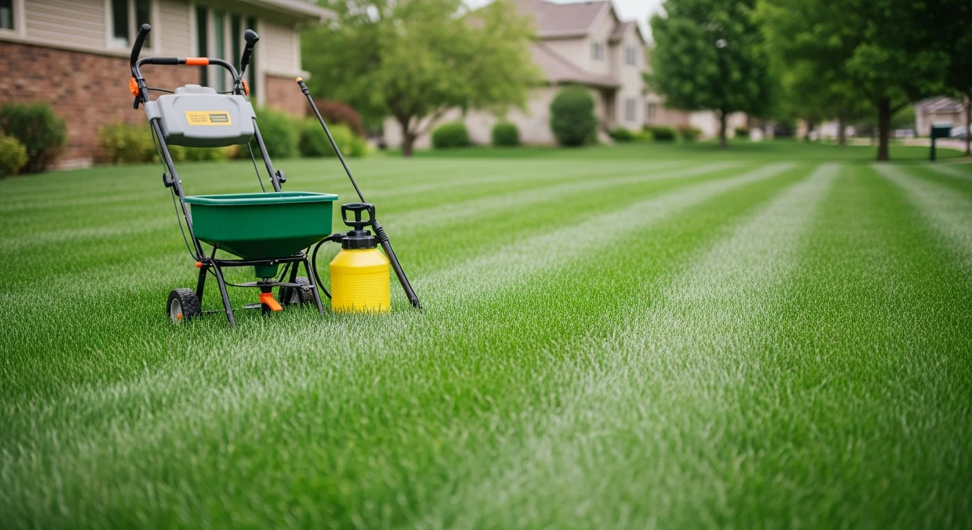 Professional lawn care technician applying fertilizer treatment to residential lawn