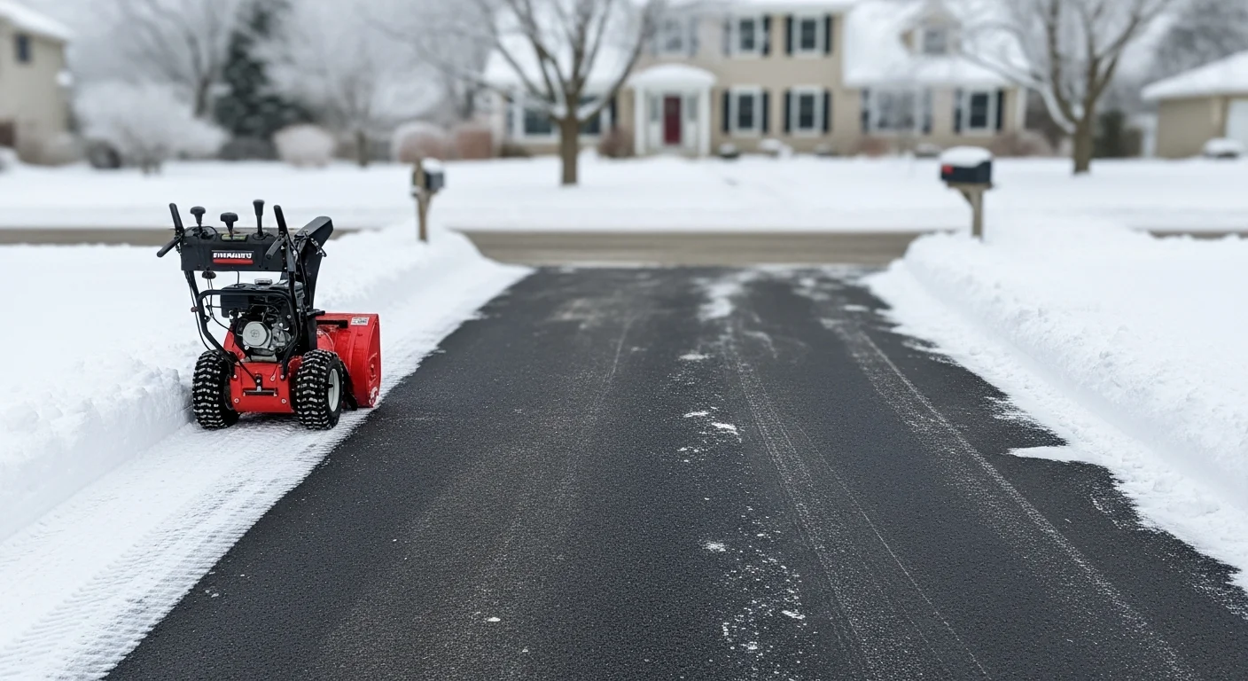 Professional snow removal equipment clearing driveway and parking area