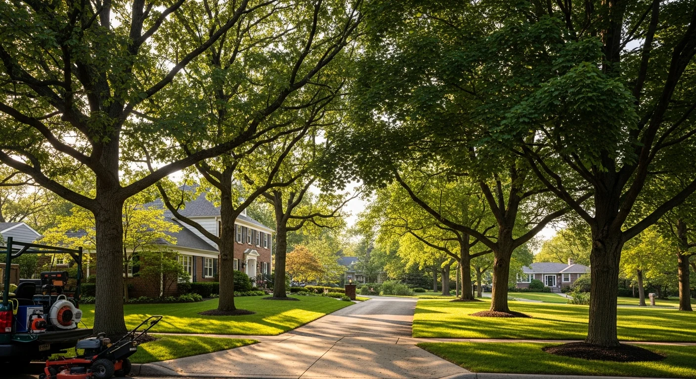 A residential street in Hugo with mature trees and well-maintained homes typical of the community.