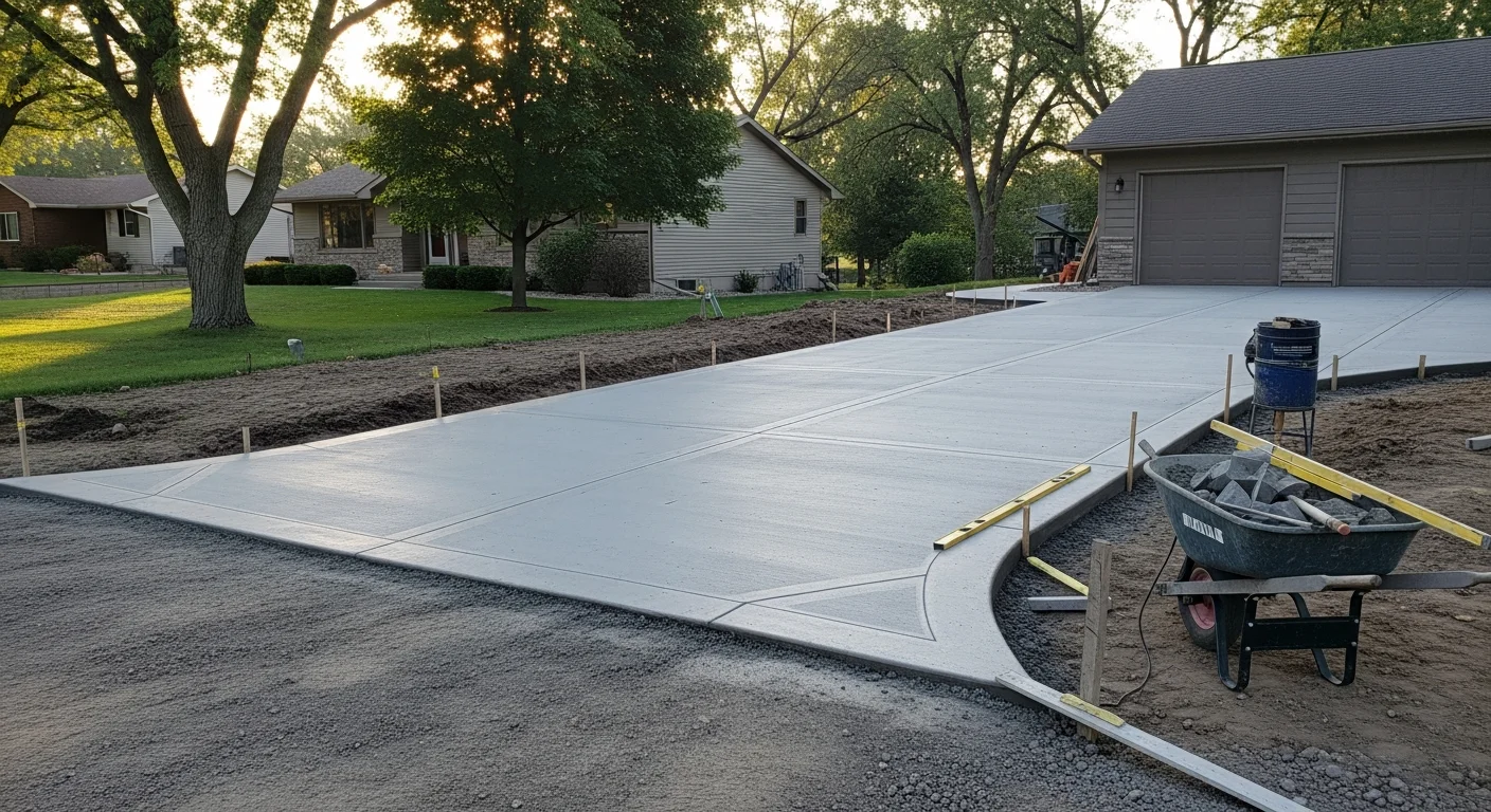 A freshly poured residential concrete driveway in front of a single-family home in Hugo, Minnesota, with a smooth broom finish and clean edges leading to an attached garage. The surrounding lawn shows recently graded soil, indicating a new installation on a suburban Hugo property.