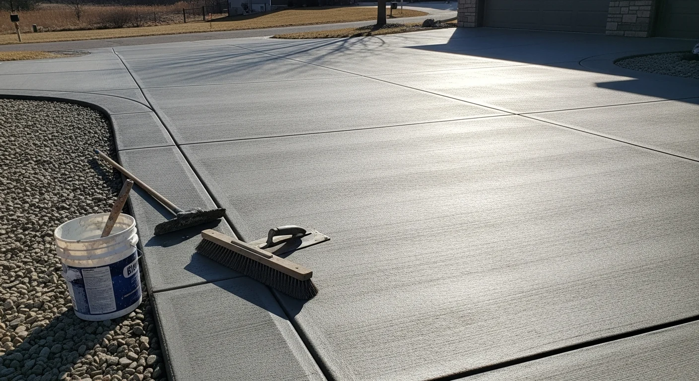 Freshly finished concrete driveway at a residential property in Hugo, MN, showing a smooth broom-textured surface with clean edges and proper slope away from the garage. A Ready Landscaping crew member applies the final surface finish on a flatwork patio in Hugo, with troweling tools visible and a clean slab edge in the foreground.