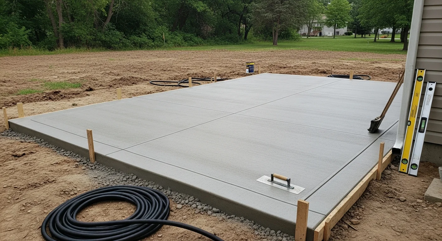 A freshly poured concrete patio with a broom finish installed in the backyard of a single-family home in Hugo, MN. The slab is surrounded by a neatly graded lawn with no visible cracking or uneven edges.