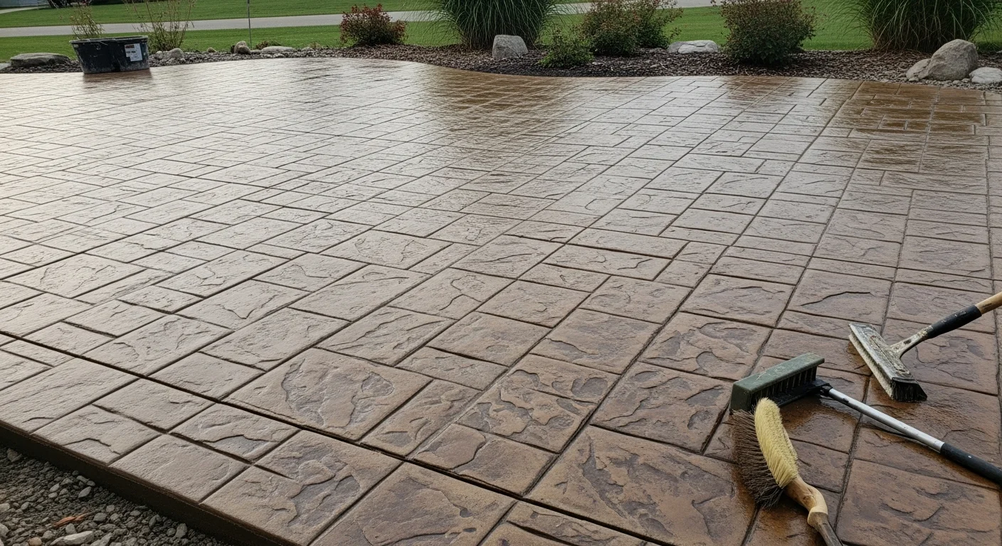 A stamped and stained decorative concrete patio with a natural stone pattern installed at a residential property in Hugo, MN. The sealed surface shows rich color tones alongside a landscaped backyard.