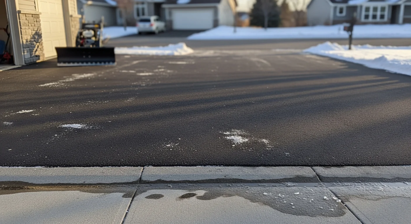 A freshly cleared residential driveway in Hugo, MN with snow pushed to both sides and the pavement surface fully exposed from the garage to the street. A single-family home with an attached two-car garage sits in the background on a winter day.