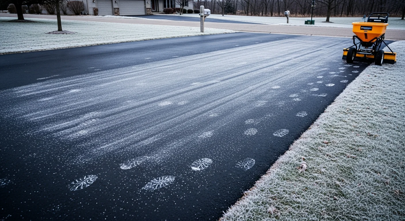 A treated residential driveway and front walkway in Hugo, MN with no visible ice buildup after a winter freeze event. A snow removal service truck from Ready Landscaping is parked at the curb alongside the cleared property.