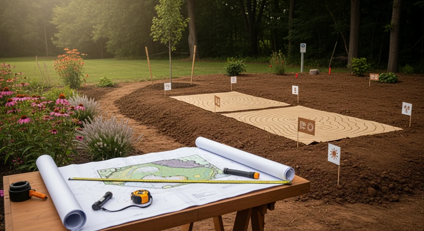 A Hugo, MN residential yard with a freshly planned landscape layout showing defined planting beds, open lawn areas, and a clear property edge. A landscape contractor reviews a site plan on-location during a design consultation visit.