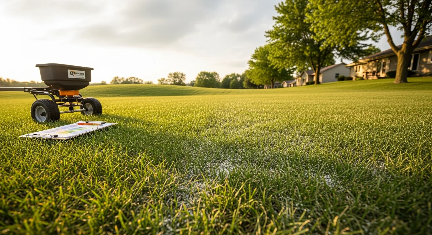 A thick, evenly green residential lawn in Hugo, MN after a professional fertilizing treatment by Ready Landscaping. The turf shows dense, uniform growth across a front yard typical of a Washington County suburban property.