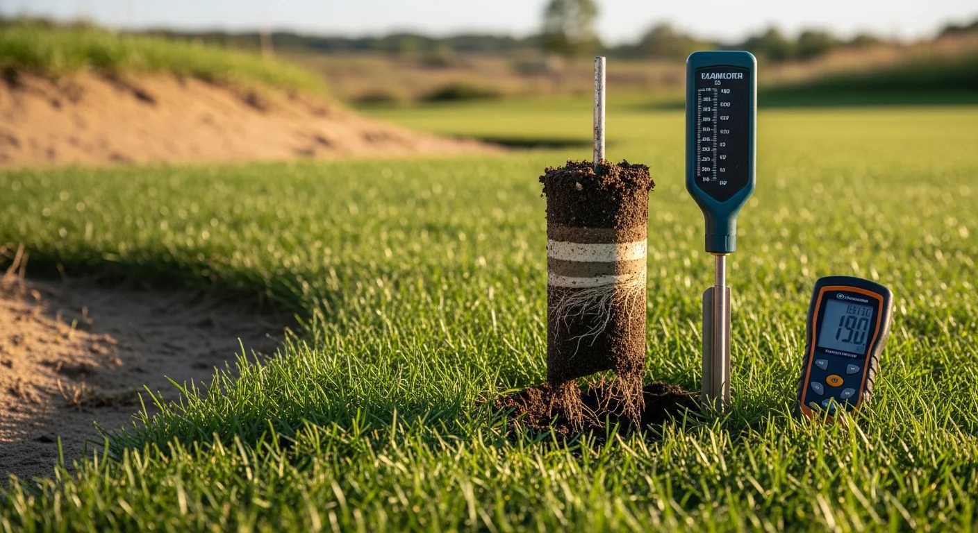A lawn care technician kneeling on a patchy residential lawn in Hugo, MN, examining soil depth and grass density during a lawn health assessment. The yard shows thin turf areas alongside healthier grass sections, with a suburban home visible in the background.