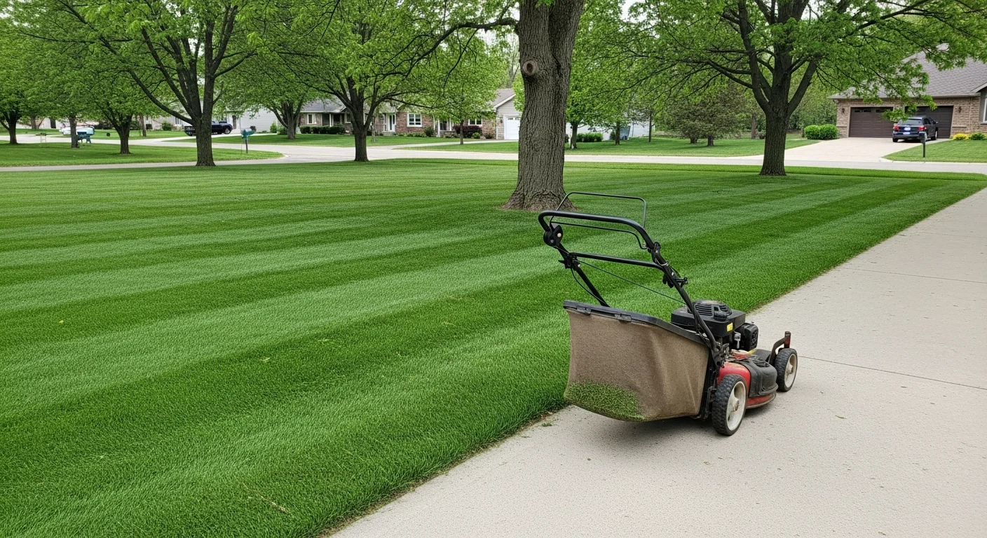 A neatly mowed residential lawn in Hugo, Minnesota with clean edges along a concrete driveway and trimmed grass borders around a garden bed. The turf shows uniform green color typical of a well-maintained cool-season lawn in the north metro Twin Cities area.