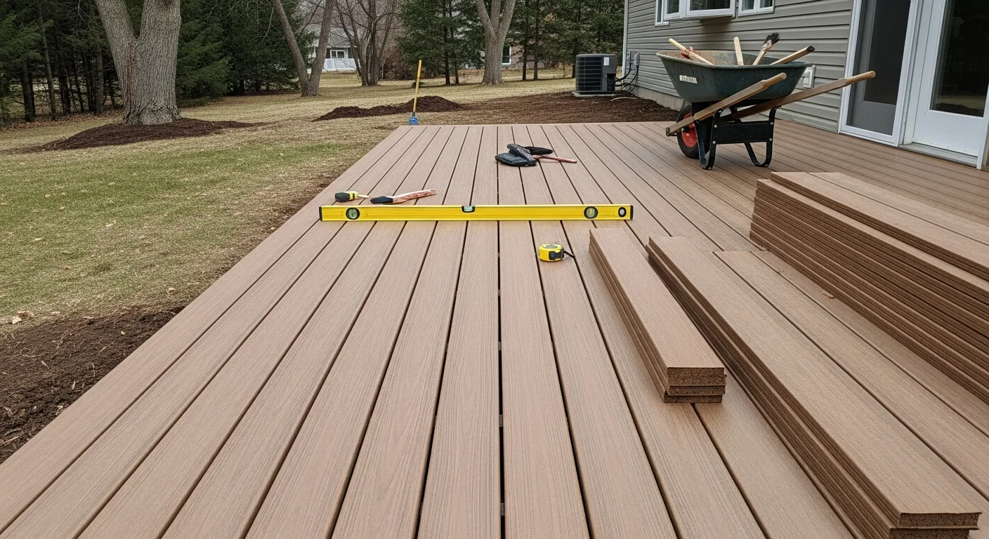 A finished backyard outdoor living area at a Hugo, MN home, showing a paver patio with a fire pit seating area and defined garden border. The space is photographed in summer with mature trees in the background and a clear view of the home's rear exterior.