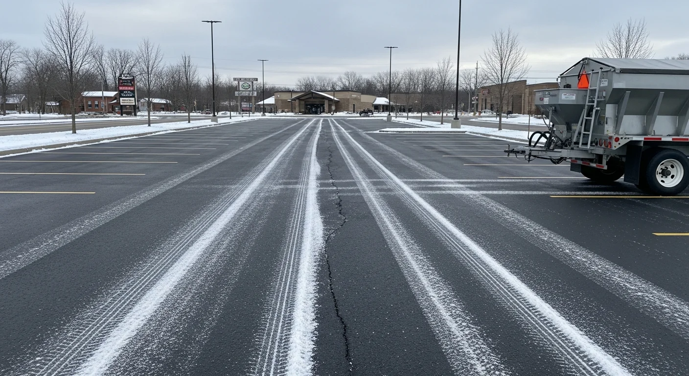 A cleared commercial parking lot in Hugo, MN after a winter snowstorm, with plowed snow stacked along the perimeter and open drive lanes and stalls visible. A commercial building entrance remains accessible with treated pavement in the foreground.