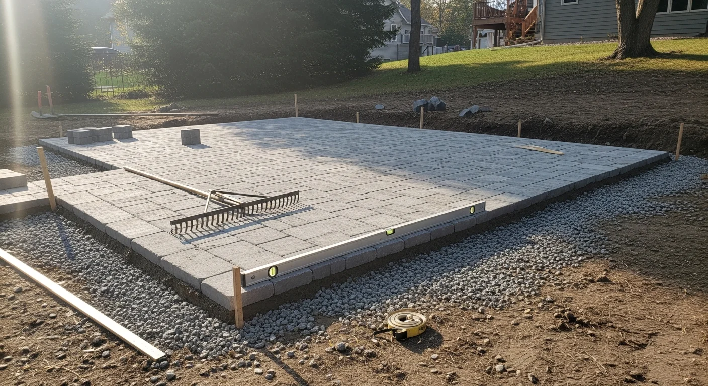 A newly installed backyard patio on a residential property in Hugo, MN, showing a level hardscape surface with clean edges and surrounding lawn. The patio is sized for outdoor seating and built on a compacted base suited for Minnesota's climate.