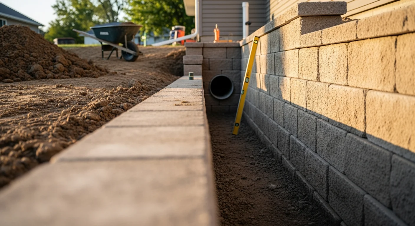 A newly installed retaining wall on a sloped residential property in Hugo, Minnesota, with level terraced yard space behind it. The wall is built with stacked wall block and shows clean drainage grading at the base.