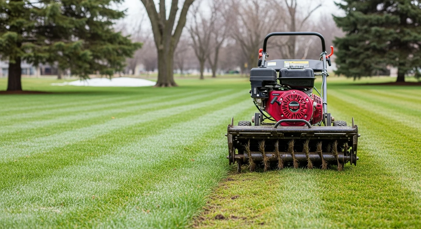 A thick, evenly green residential lawn in Hugo, MN after a seasonal aeration and fertilization visit in early fall. A lawn care technician's equipment sits at the edge of the turf near a suburban home with mature trees in the background.