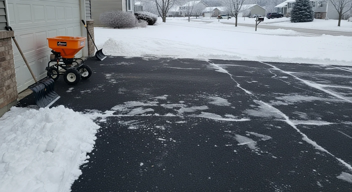 A cleared residential driveway and front walkway in Hugo, MN after a winter snowstorm, with snow pushed to the sides and pavement fully exposed. A single-family home sits in the background with surrounding snow-covered yard.
