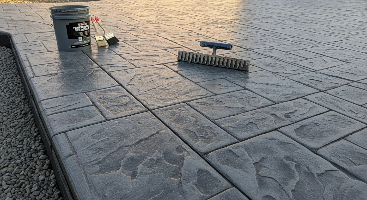 A freshly installed stamped concrete patio with a stone-pattern texture and warm earth-tone color at a residential property in Hugo, Minnesota. The surface connects to a rear entry door with clean edges and a sealed finish visible in the afternoon light.