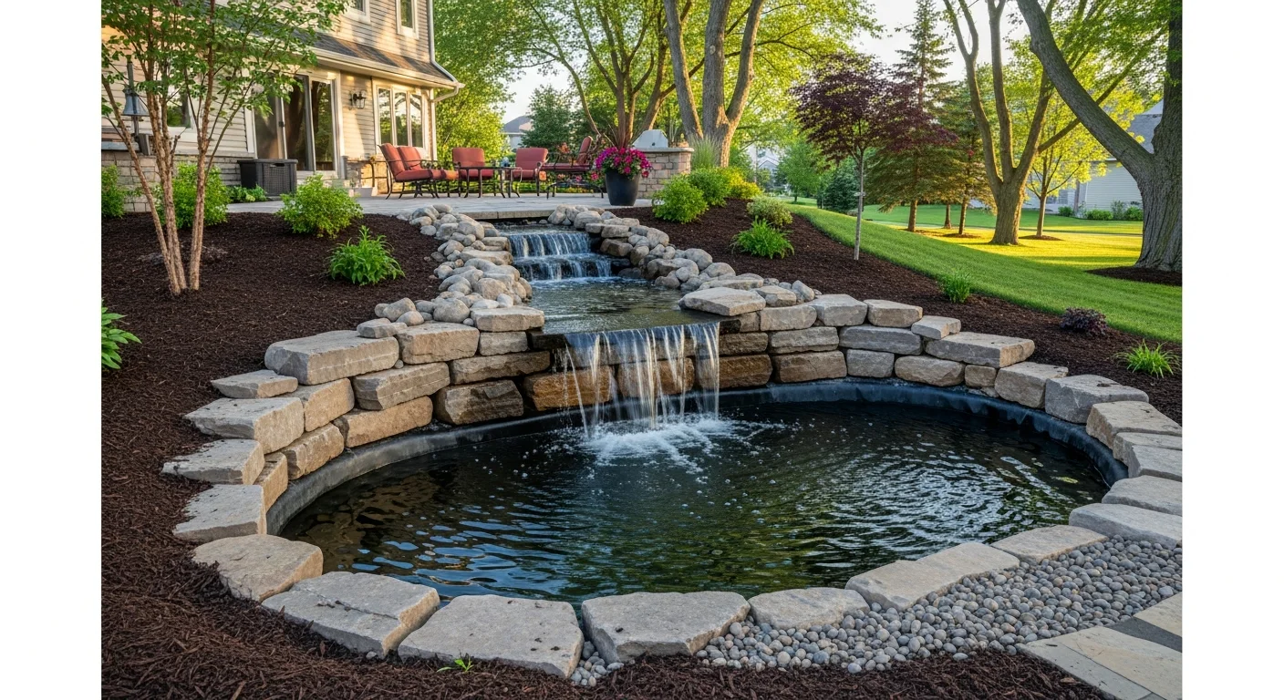 A completed backyard pondless waterfall installation at a residential property in Hugo, Minnesota, with natural stone surrounds and moisture-tolerant plantings integrated into an existing patio landscape. The recirculating water feature sits flush with the graded yard, reflecting a mature tree line in the background.