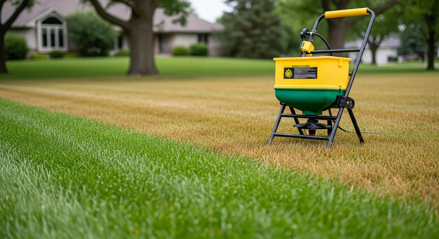 A Hugo, MN residential lawn with dense, uniform green turf after professional weed control treatment, showing no visible dandelions or broadleaf weeds. A Ready Landscaping technician applies a post-emergent treatment along the lawn's edge near a residential sidewalk.